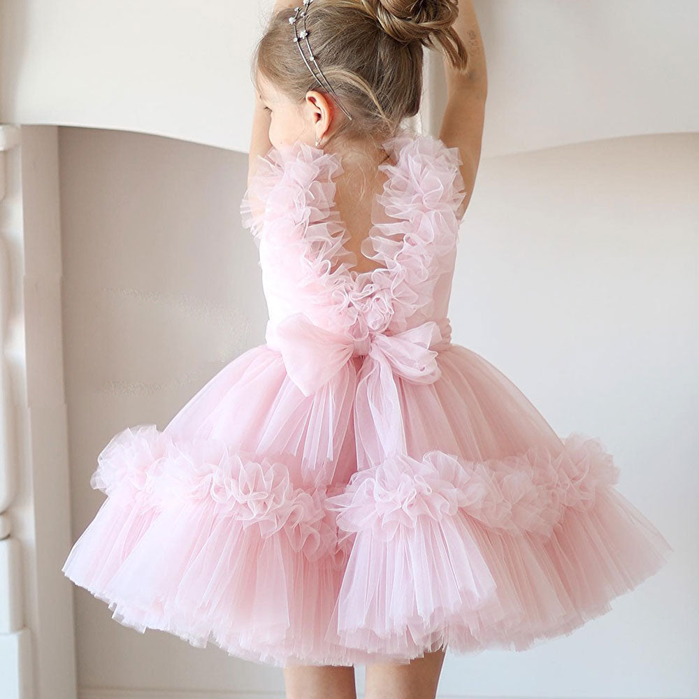 DreamyVow Pink Flower Girl Dress V-Neck Tiered Tulle for Birthday Party J116