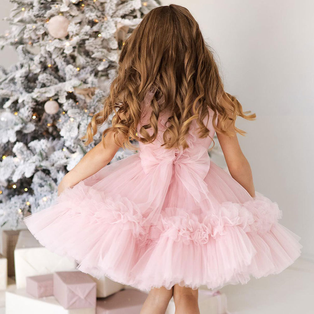 DreamyVow Pink Flower Girl Dress V-Neck Tiered Tulle for Birthday Party J116