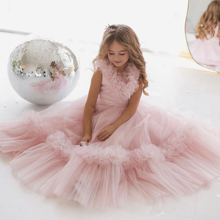 DreamyVow Pink Flower Girl Dress V-Neck Tiered Tulle for Birthday Party J116