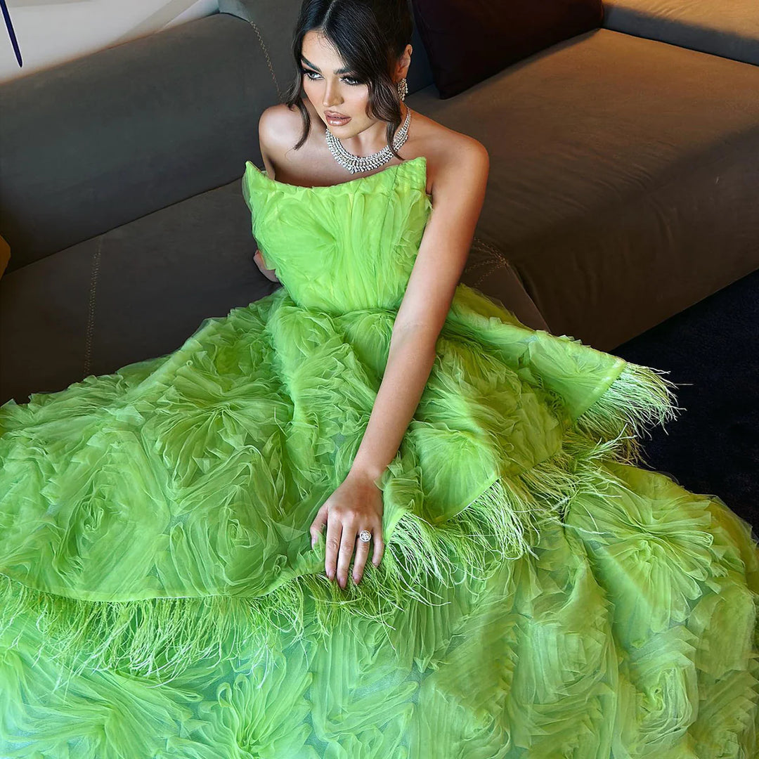 Luxury Feather 3D Floral Lime Green Strapless Evening Dress SF034