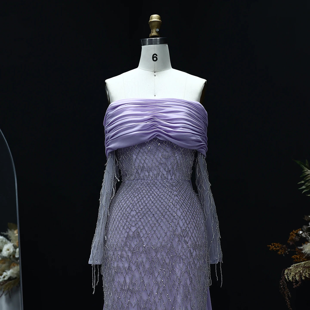 Luxury Tassel Lilac Off Shoulder Evening Dress with Cape SS138