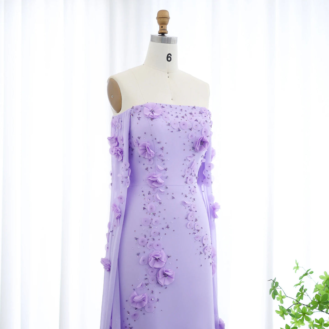 Elegant Off Shoulder Lilac 3D Flowers Dubai Evening Dress SS450