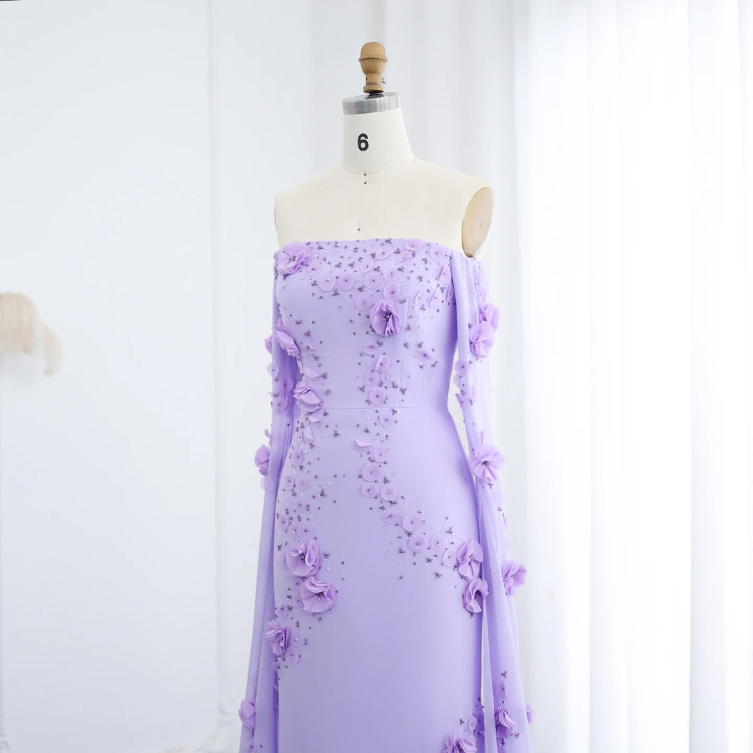 Elegant Off Shoulder Lilac 3D Flowers Dubai Evening Dress SS450