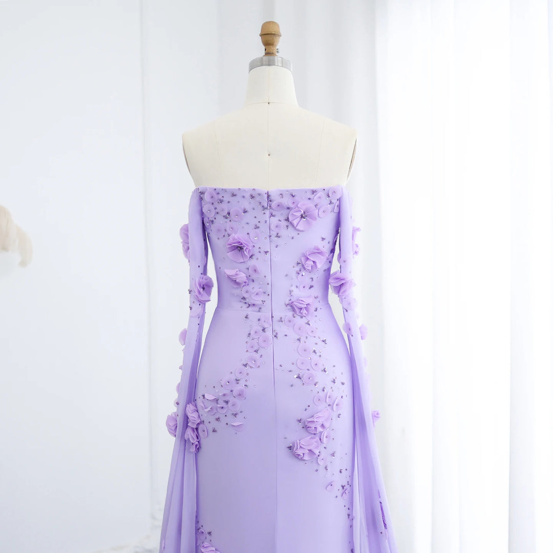 Elegant Off Shoulder Lilac 3D Flowers Dubai Evening Dress SS450