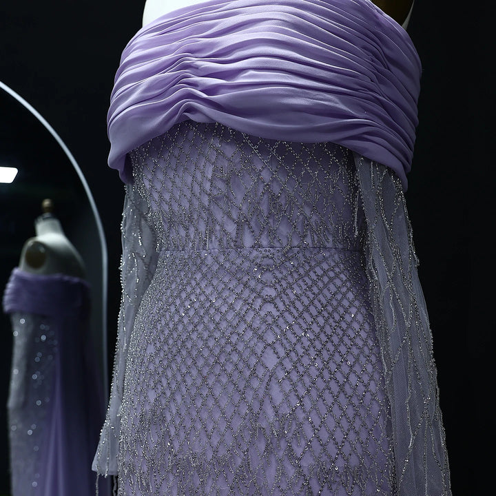 Luxury Tassel Lilac Off Shoulder Evening Dress with Cape SS138