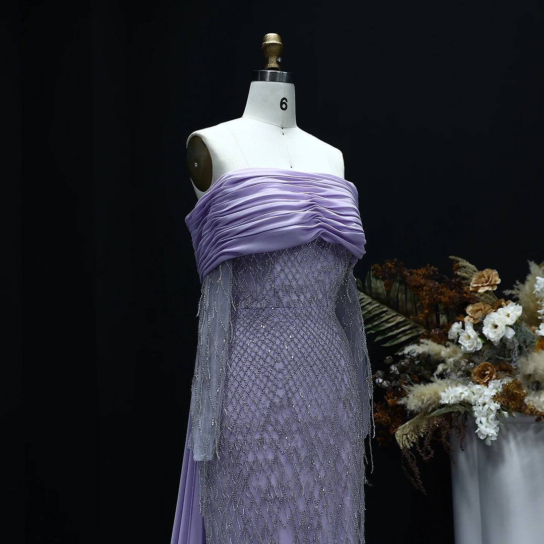 Luxury Tassel Lilac Off Shoulder Evening Dress with Cape SS138