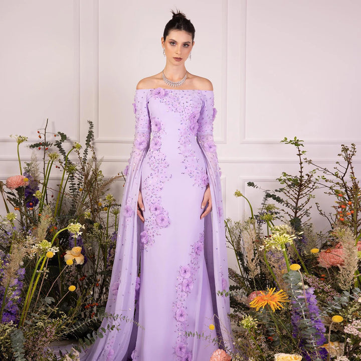 Elegant Off Shoulder Lilac 3D Flowers Dubai Evening Dress SS450