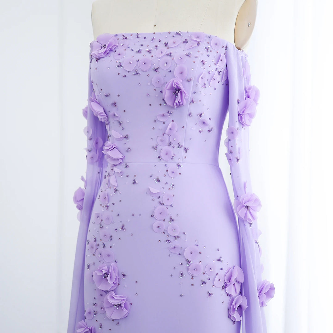 Elegant Off Shoulder Lilac 3D Flowers Dubai Evening Dress SS450