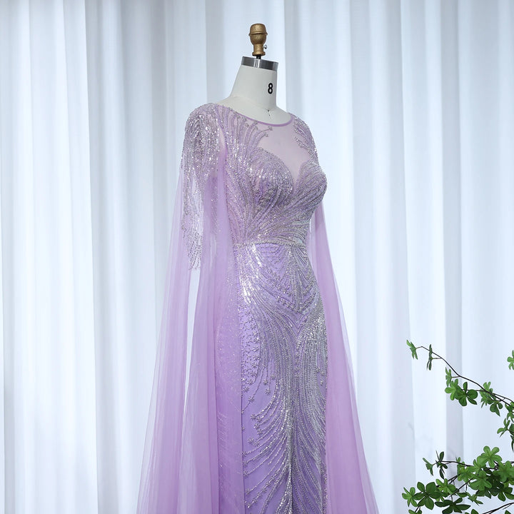 Luxury Yellow Lilac Evening Dress with Cape Sleeves SS049