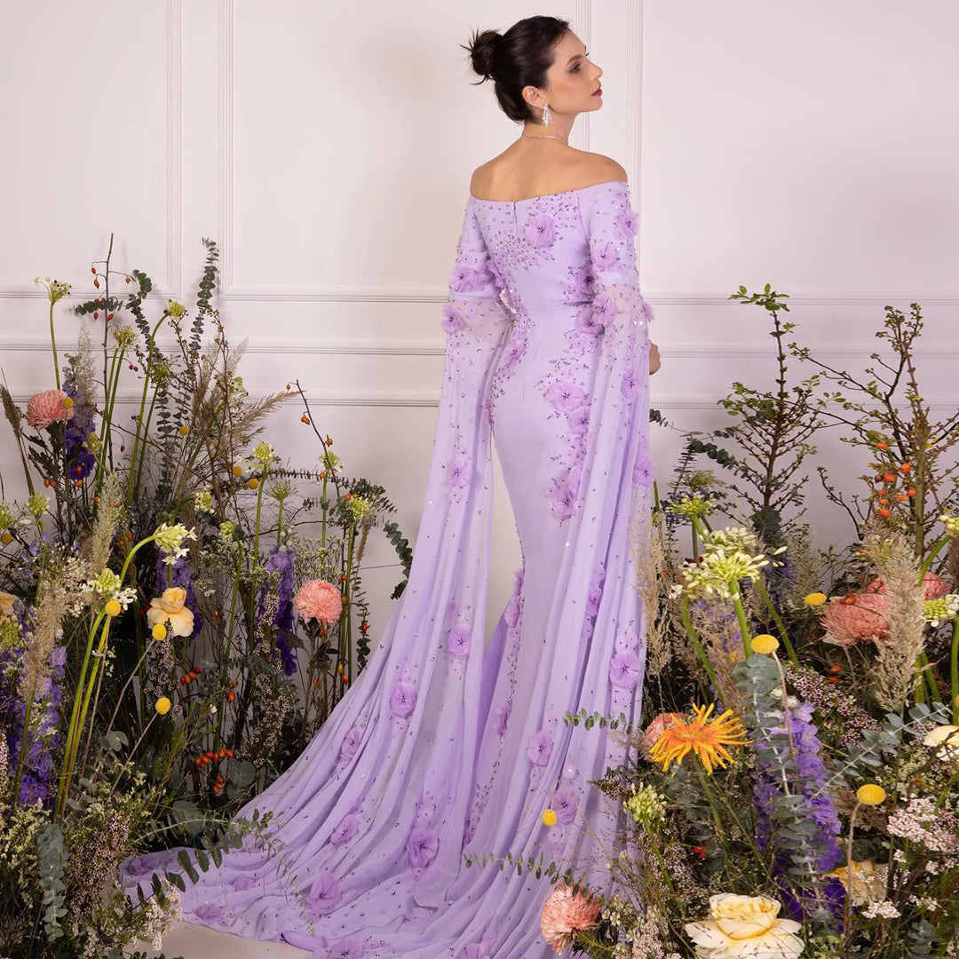 Elegant Off Shoulder Lilac 3D Flowers Dubai Evening Dress SS450