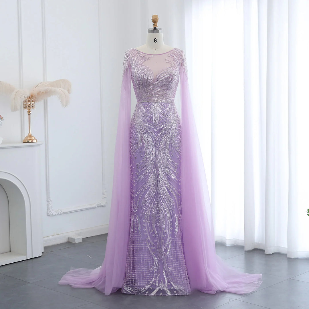 Luxury Yellow Lilac Evening Dress with Cape Sleeves SS049