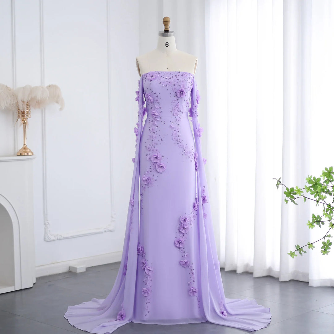 Elegant Off Shoulder Lilac 3D Flowers Dubai Evening Dress SS450