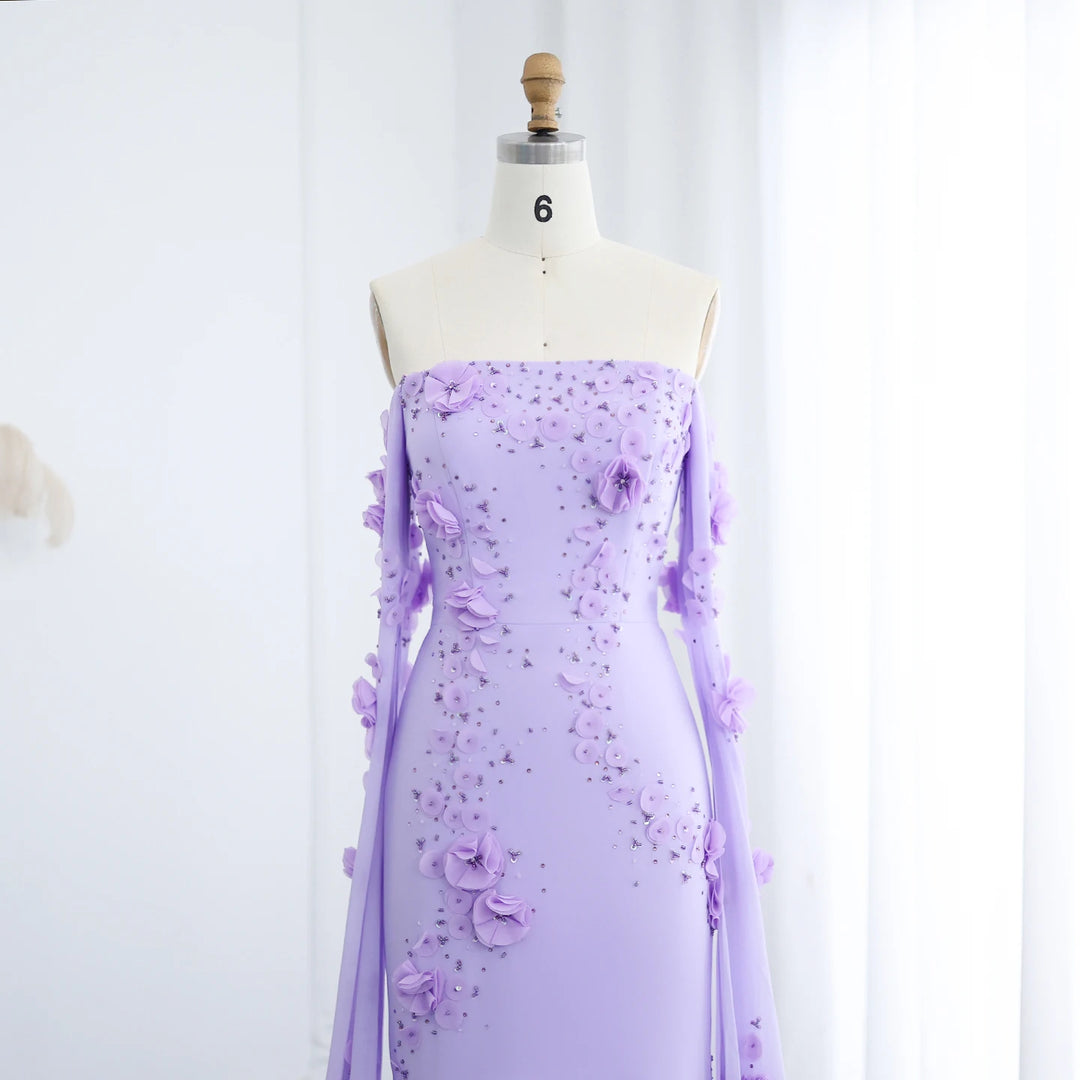 Elegant Off Shoulder Lilac 3D Flowers Dubai Evening Dress SS450