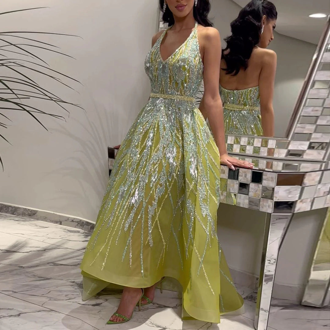 Dreamy Vow Luxury Beaded Lemon Green Halter High Low Evening Dresses SS472