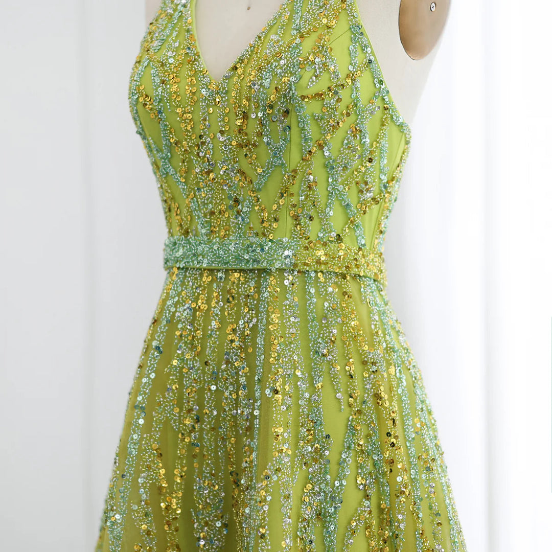 Dreamy Vow Luxury Beaded Lemon Green Halter High Low Evening Dresses SS472