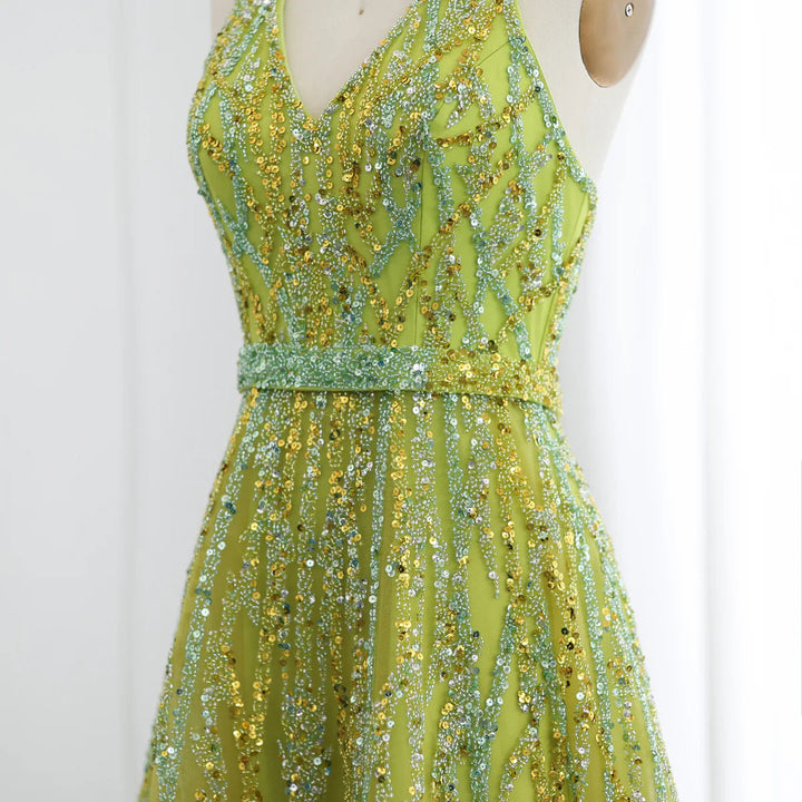 Dreamy Vow Luxury Beaded Lemon Green Halter High Low Evening Dresses SS472