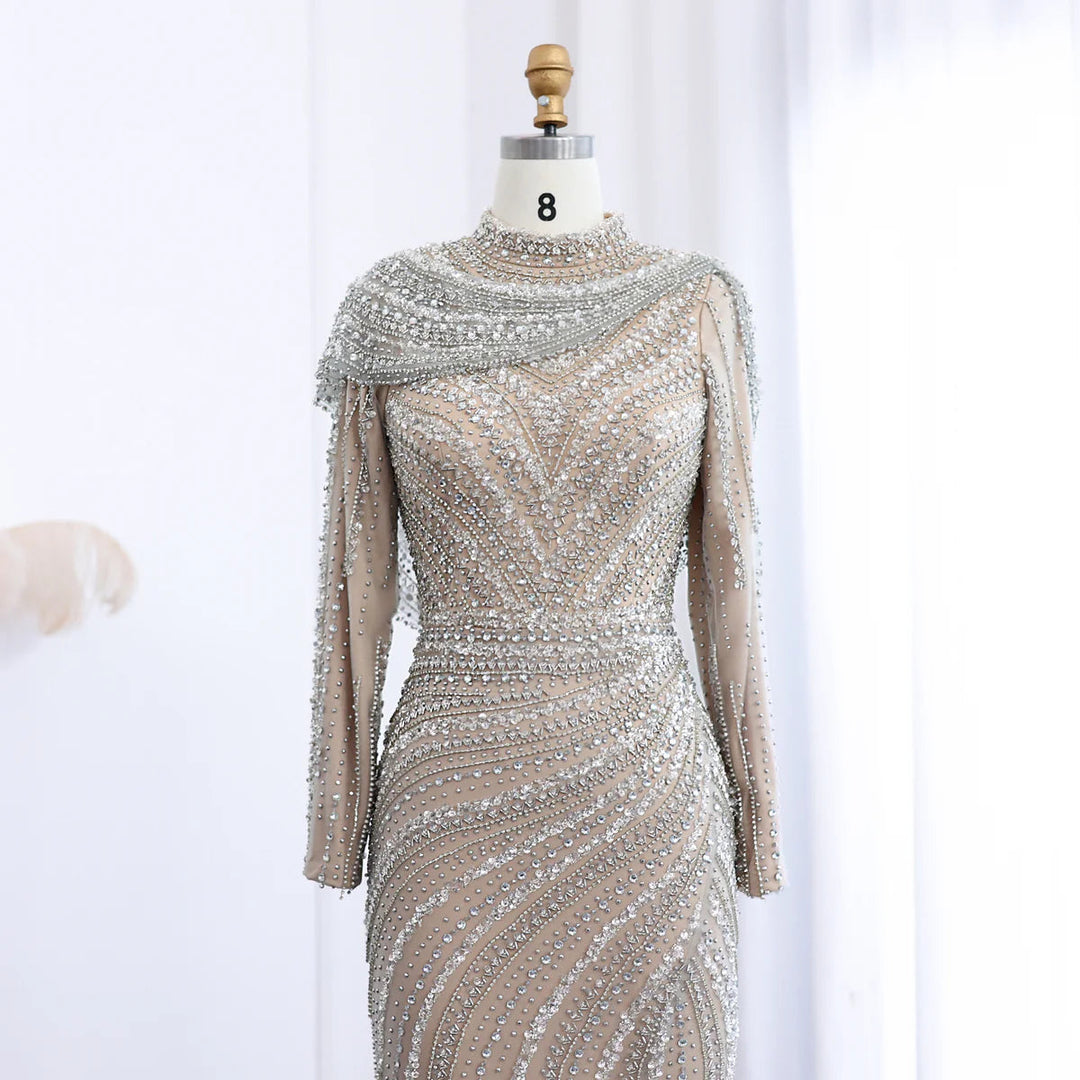 Dreamy Vow Luxury Beaded Silver Long Sleeves Evening Dress with Cape SS035