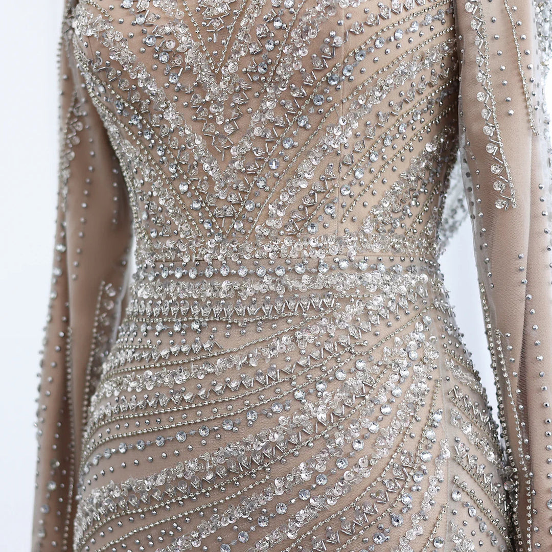 Dreamy Vow Luxury Beaded Silver Long Sleeves Evening Dress with Cape SS035