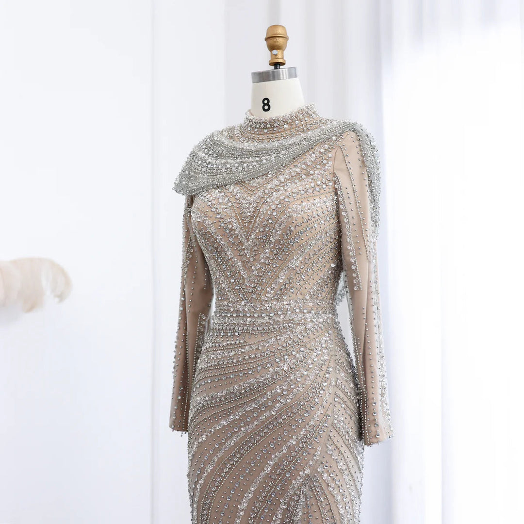 Dreamy Vow Luxury Beaded Silver Long Sleeves Evening Dress with Cape SS035