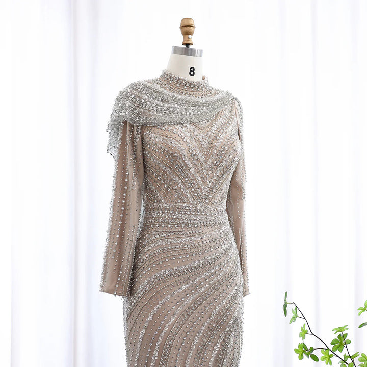 Dreamy Vow Luxury Beaded Silver Long Sleeves Evening Dress with Cape SS035