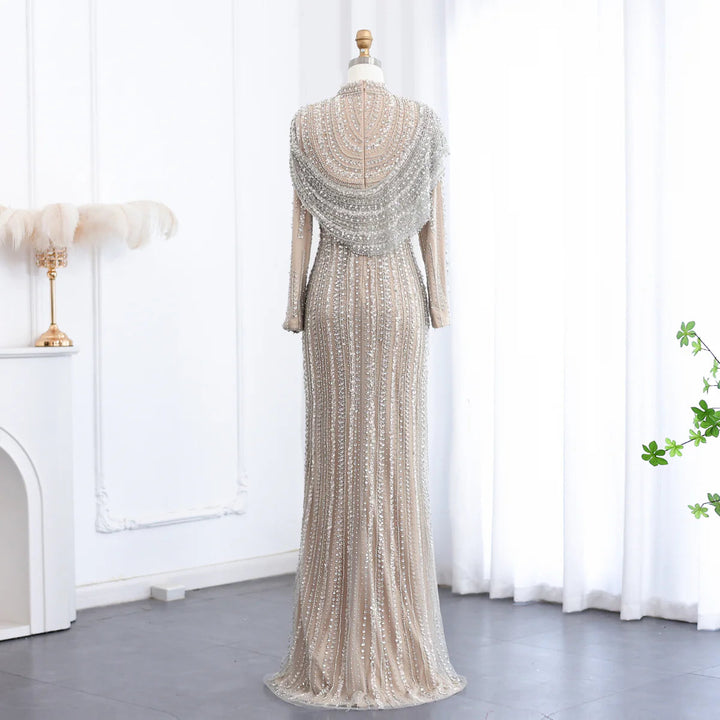 Dreamy Vow Luxury Beaded Silver Long Sleeves Evening Dress with Cape SS035