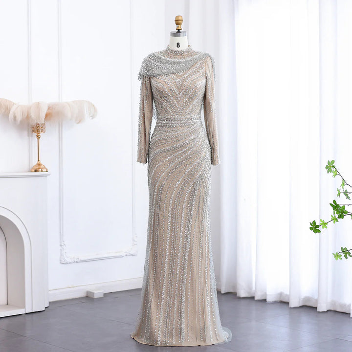 Dreamy Vow Luxury Beaded Silver Long Sleeves Evening Dress with Cape SS035