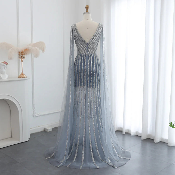 Dreamy Vow 2024 Luxury Beading Blue Mermaid Dubai Evening Dresses with Cape Sleeves V-Neck Arabic Women Wedding Party Gowns SS251-DreamyVow