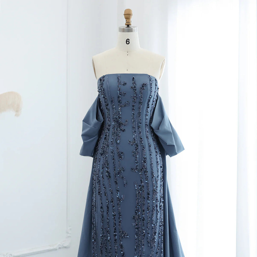 Dreamy Vow Luxury Blue Strapless Arabic Evening Dress with Cape Dubai Party Gowns SS454