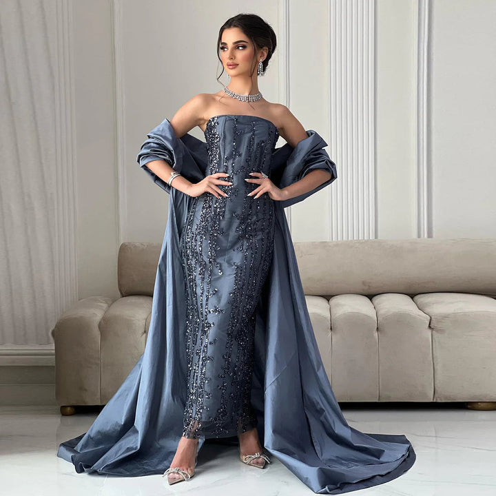 Dreamy Vow Luxury Blue Strapless Arabic Evening Dress with Cape Dubai Party Gowns SS454