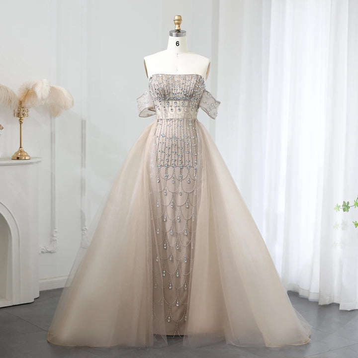 Dreamy Vow Luxury Champagne Mermaid Arabic Evening Dress with Overskirt 2024 Elegant Dubai Women Wedding Party Gowns SS168-DreamyVow