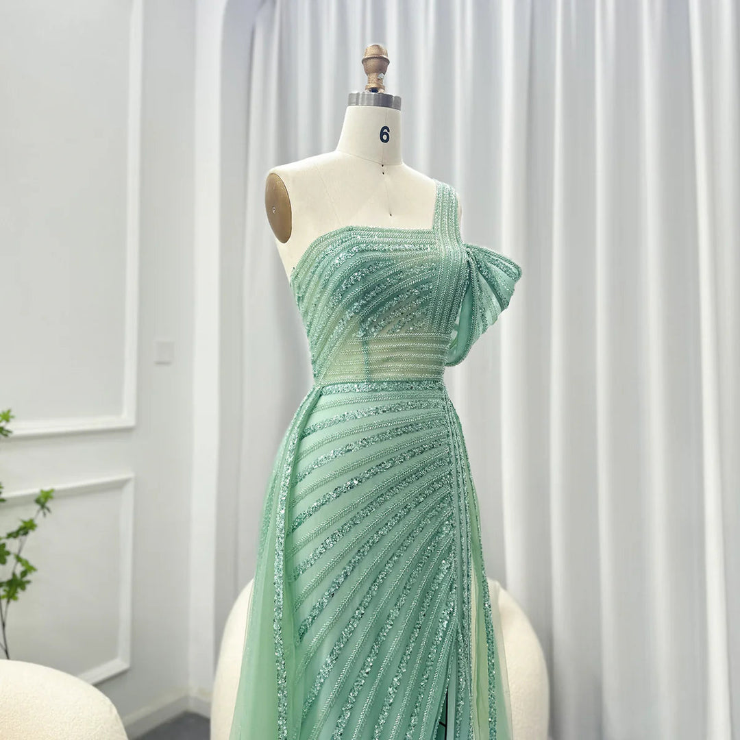 Dreamy Vow Luxury Dubai Sage Green Evening Dress One Shoulder Wedding Formal Party Gowns SS016