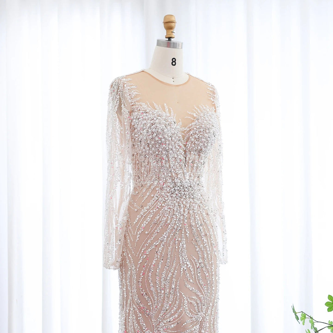 Dreamy Vow Luxury Dubai White Nude Mermaid Evening Dresses Long Sleeve SS111