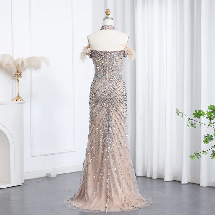 Dreamy Vow Luxury Feather Beaded Mermaid Evenig Dress with Chocker Off Shoulder SS167