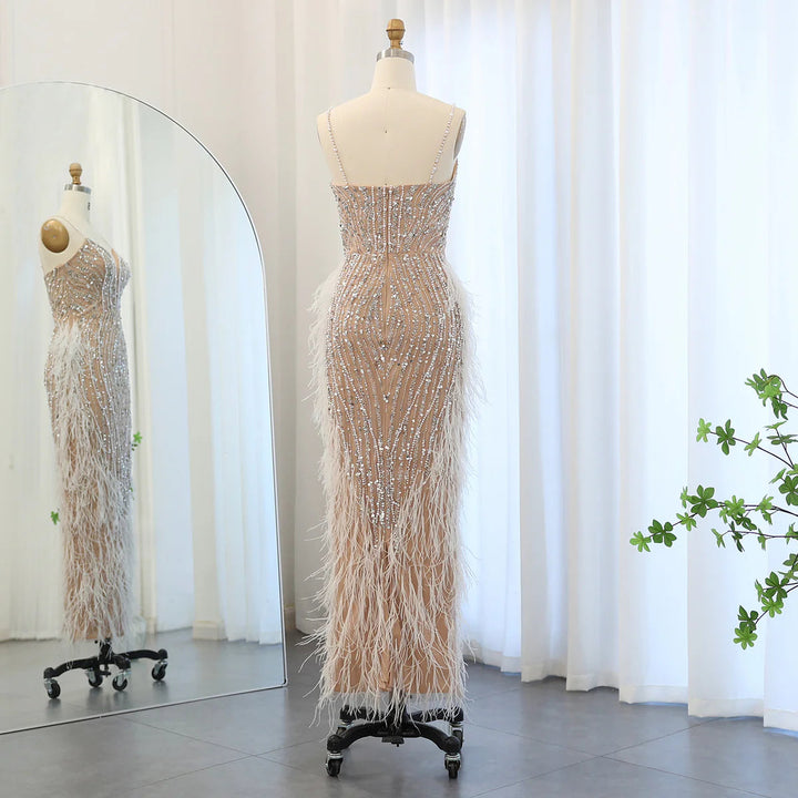 Dreamy Vow Luxury Feather Nude Mermaid Spaghetti Evening Dress with Cape SS185