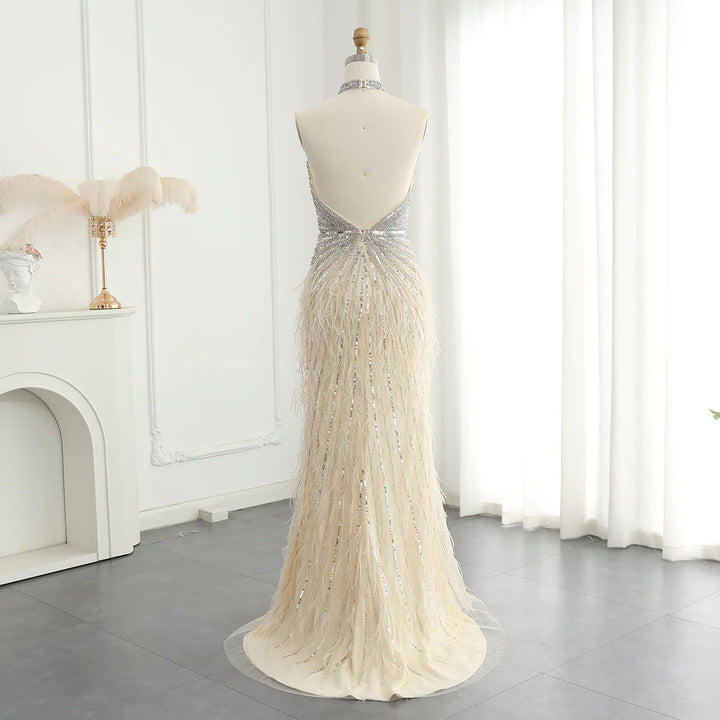 Dreamy Vow Luxury Feathers Mermaid Silver Gray Evening Dress Arabic Formal Party Gown SS006