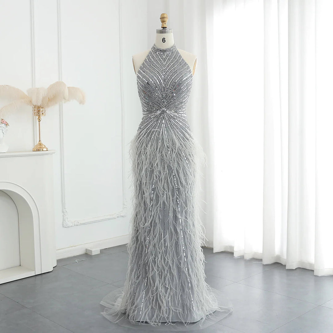 Dreamy Vow Luxury Feathers Mermaid Silver Gray Evening Dress Arabic Formal Party Gown SS006