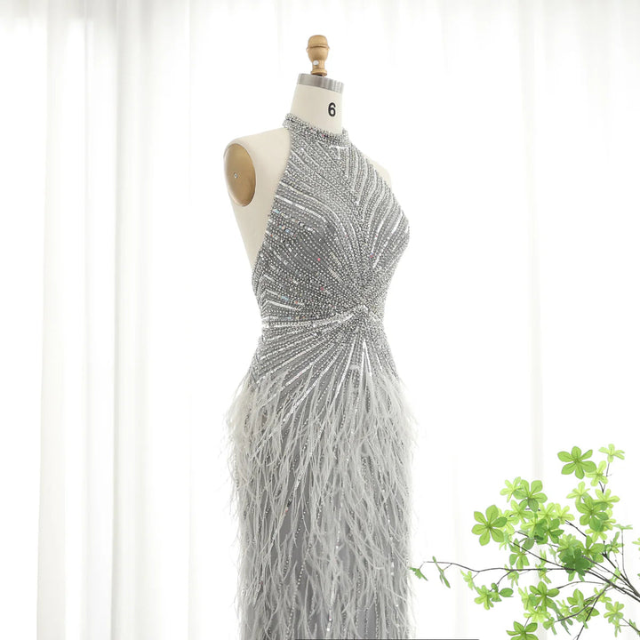 Dreamy Vow Luxury Feathers Mermaid Silver Gray Evening Dress Arabic Formal Party Gown SS006