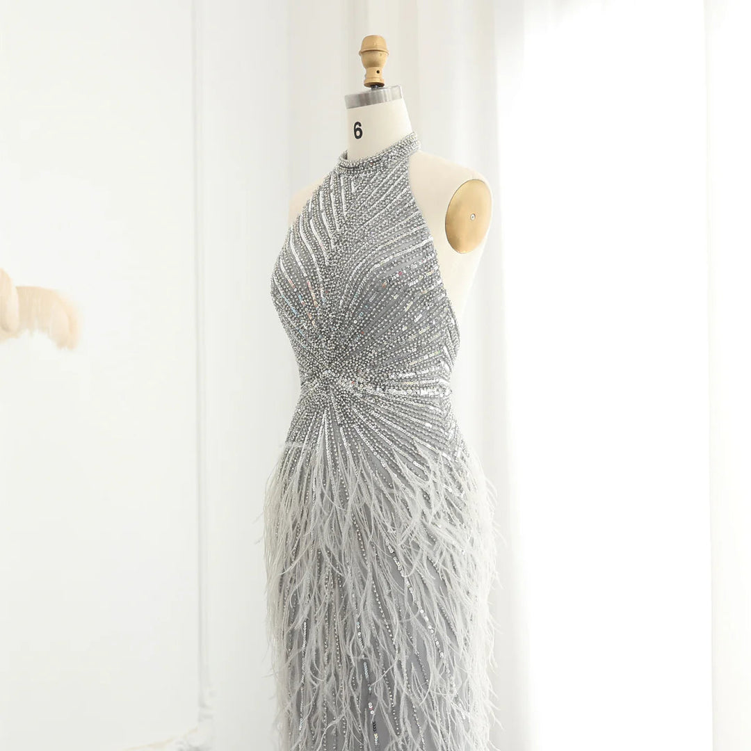 Dreamy Vow Luxury Feathers Mermaid Silver Gray Evening Dress Arabic Formal Party Gown SS006