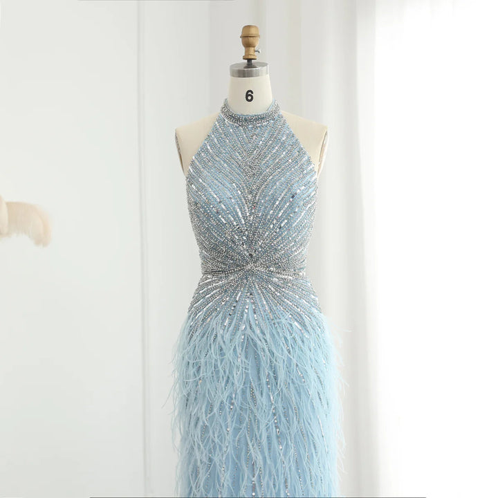 Dreamy Vow Luxury Feathers Mermaid Silver Gray Evening Dress Arabic Formal Party Gown SS006