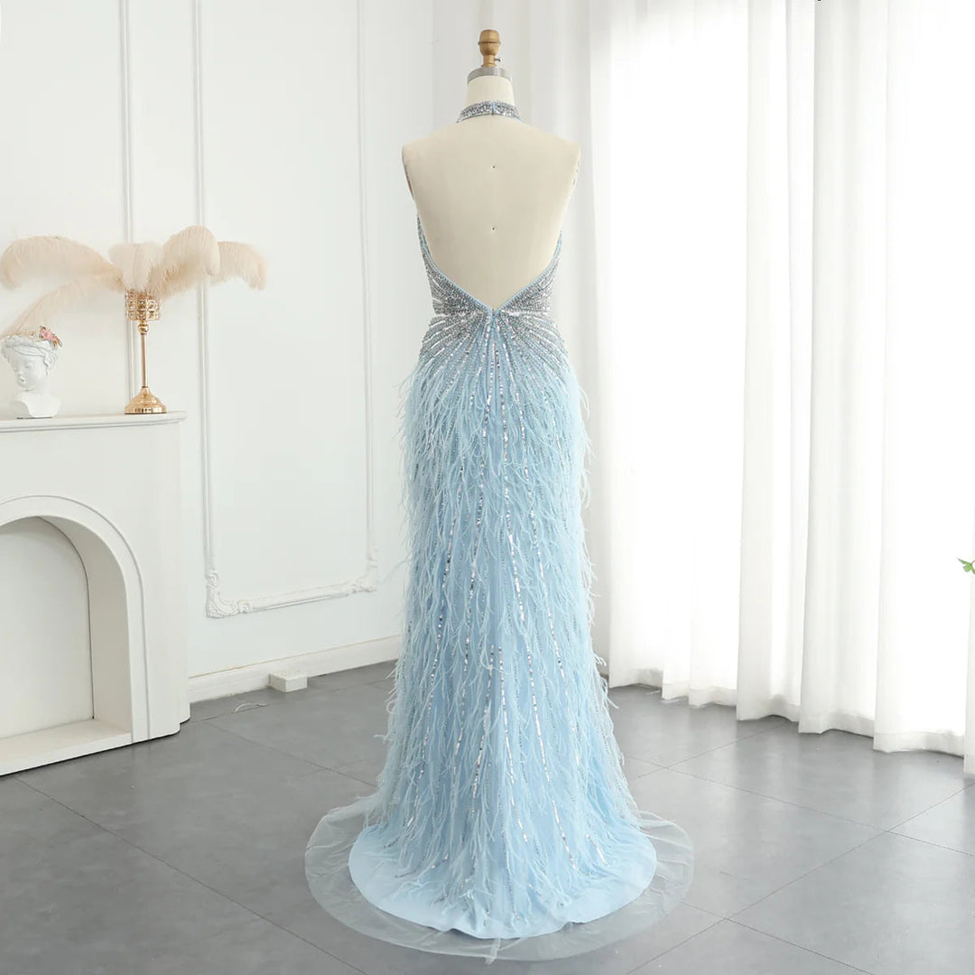 Dreamy Vow Luxury Feathers Mermaid Silver Gray Evening Dress Arabic Formal Party Gown SS006