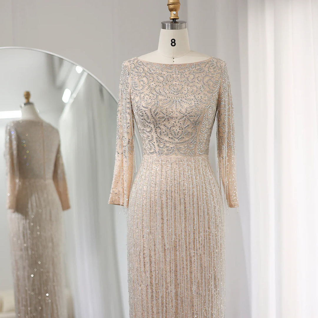 Dreamy Vow Luxury Silver Nude Dubai Evening Dress Long Sleeves Arabic Wedding Party Gown SS349