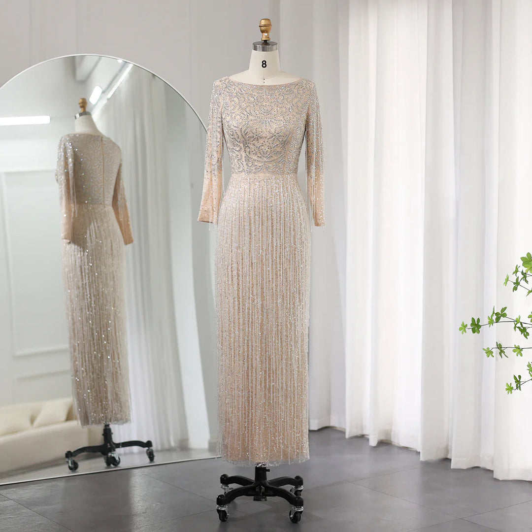 Dreamy Vow Luxury Silver Nude Dubai Evening Dress Long Sleeves Arabic Wedding Party Gown SS349