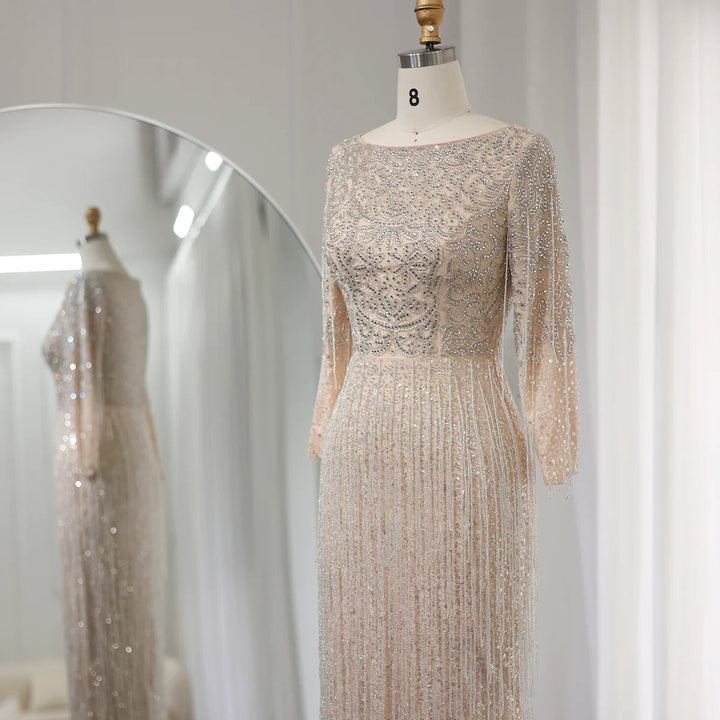 Dreamy Vow Luxury Silver Nude Dubai Evening Dress Long Sleeves Arabic Wedding Party Gown SS349