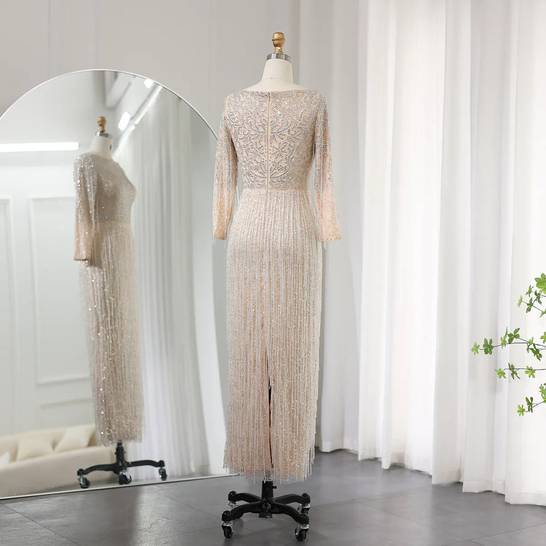 Dreamy Vow Luxury Silver Nude Dubai Evening Dress Long Sleeves Arabic Wedding Party Gown SS349