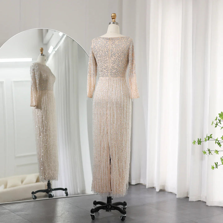 Dreamy Vow Luxury Silver Nude Dubai Evening Dress Long Sleeves Arabic Wedding Party Gown SS349