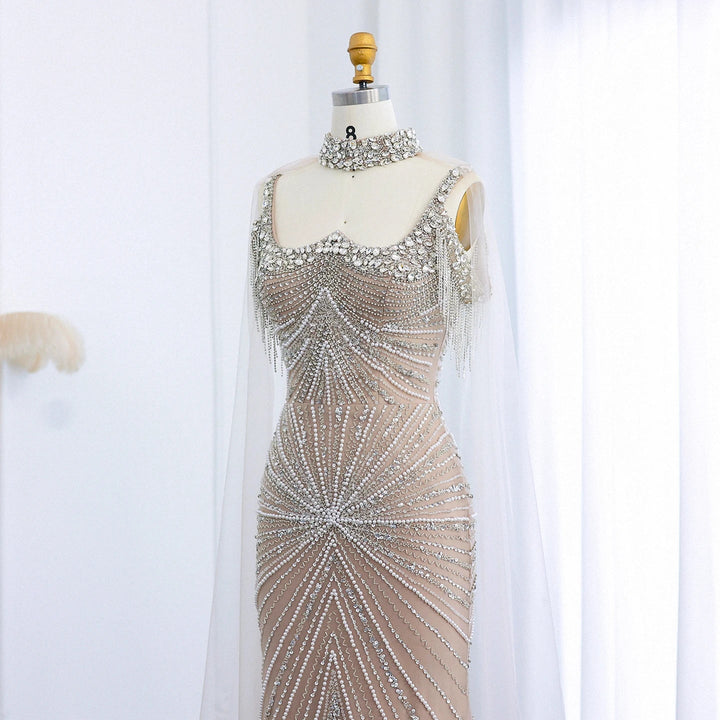 Dreamy Vow Luxury Tassel Champagne Mermaid Evening Dress with Cape SS158