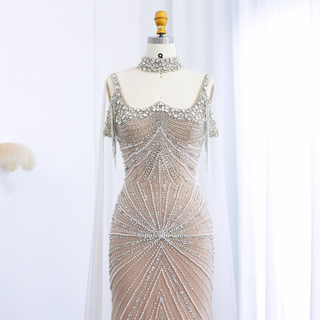 Dreamy Vow Luxury Tassel Champagne Mermaid Evening Dress with Cape SS158