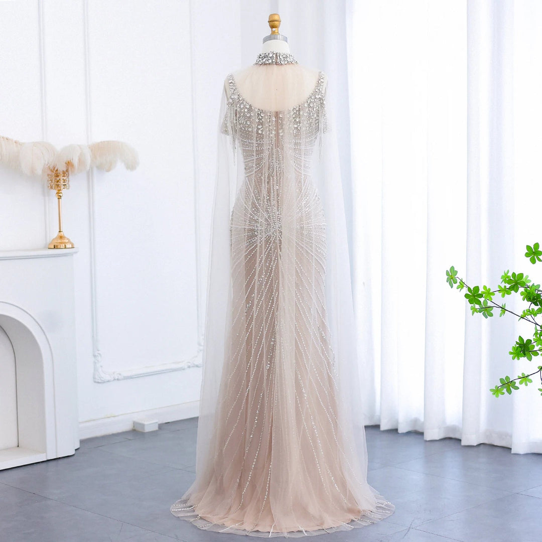 Dreamy Vow Luxury Tassel Champagne Mermaid Evening Dress with Cape SS158