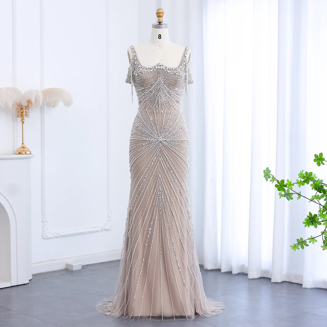 Dreamy Vow Luxury Tassel Champagne Mermaid Evening Dress with Cape SS158