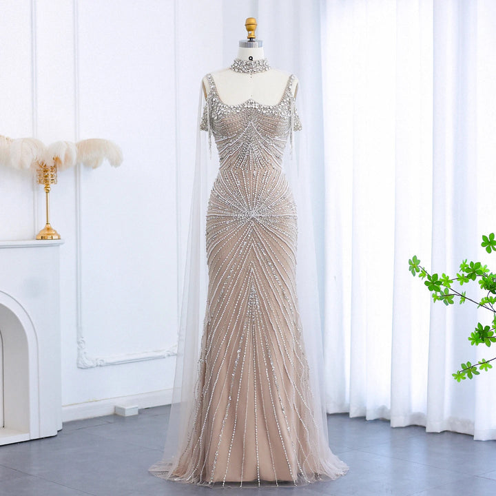 Dreamy Vow Luxury Tassel Champagne Mermaid Evening Dress with Cape SS158